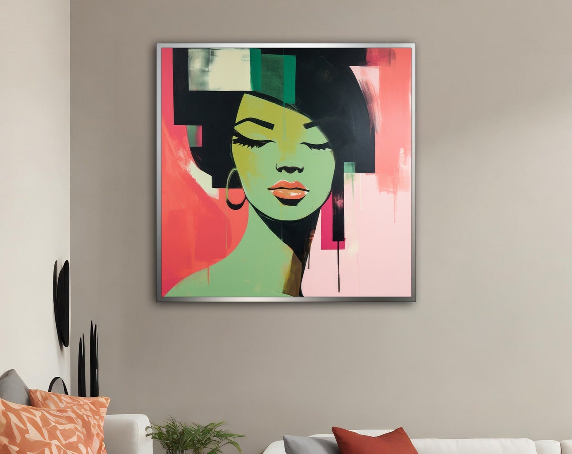 Bold Pop Art Woman Face With Green Skin And Pink Blocks Poster