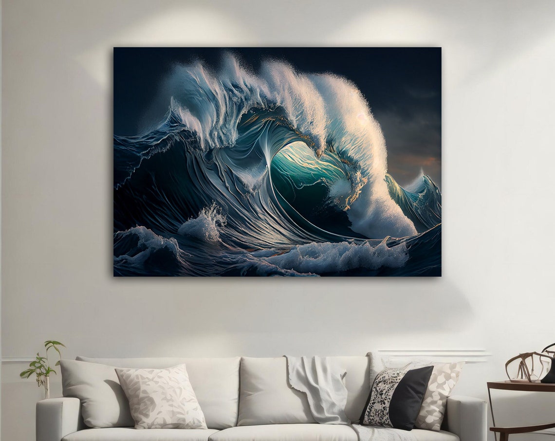 Giant Ocean Wave Curl Moonlight Dramatic Seascape Nature Art Poster