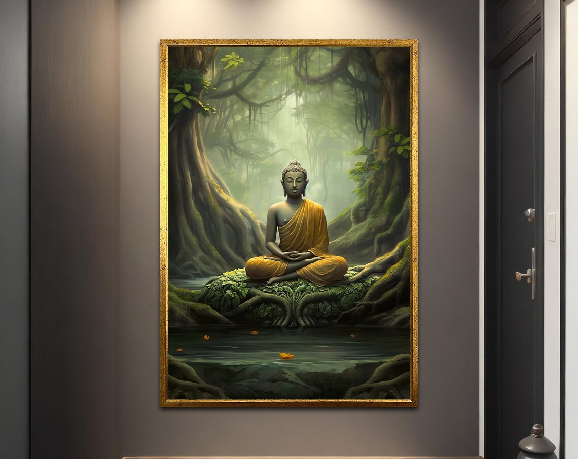 Buddha Meditating Jungle Water Golden Robe Serene Spiritual Art Poster - Image 5