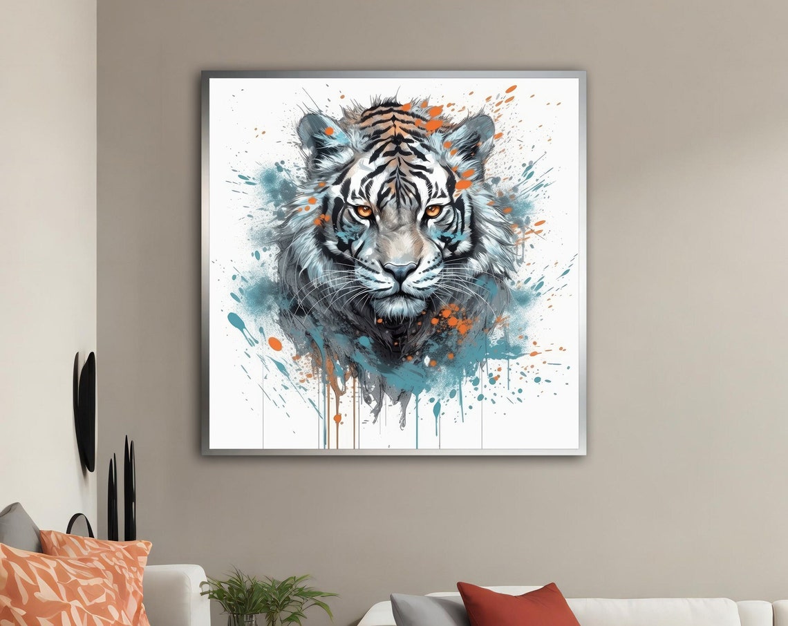 White Tiger Face Watercolor With Blue And Orange Paint Splashes Poster
