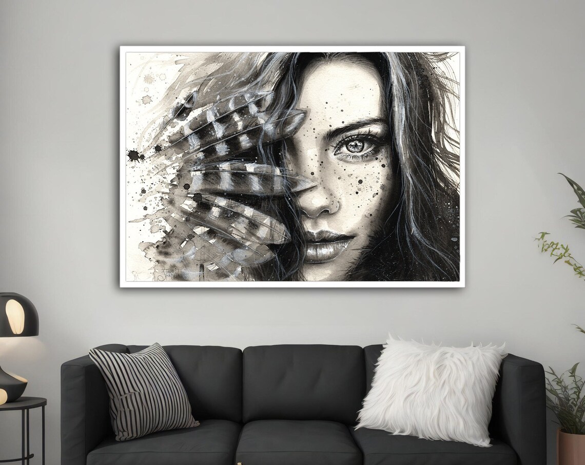 Woman Face Feathers Black White Watercolor Portrait Elegant Wall Art Poster