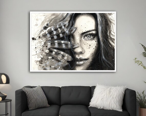 Woman Face Feathers Black White Watercolor Portrait Elegant Wall Art Poster