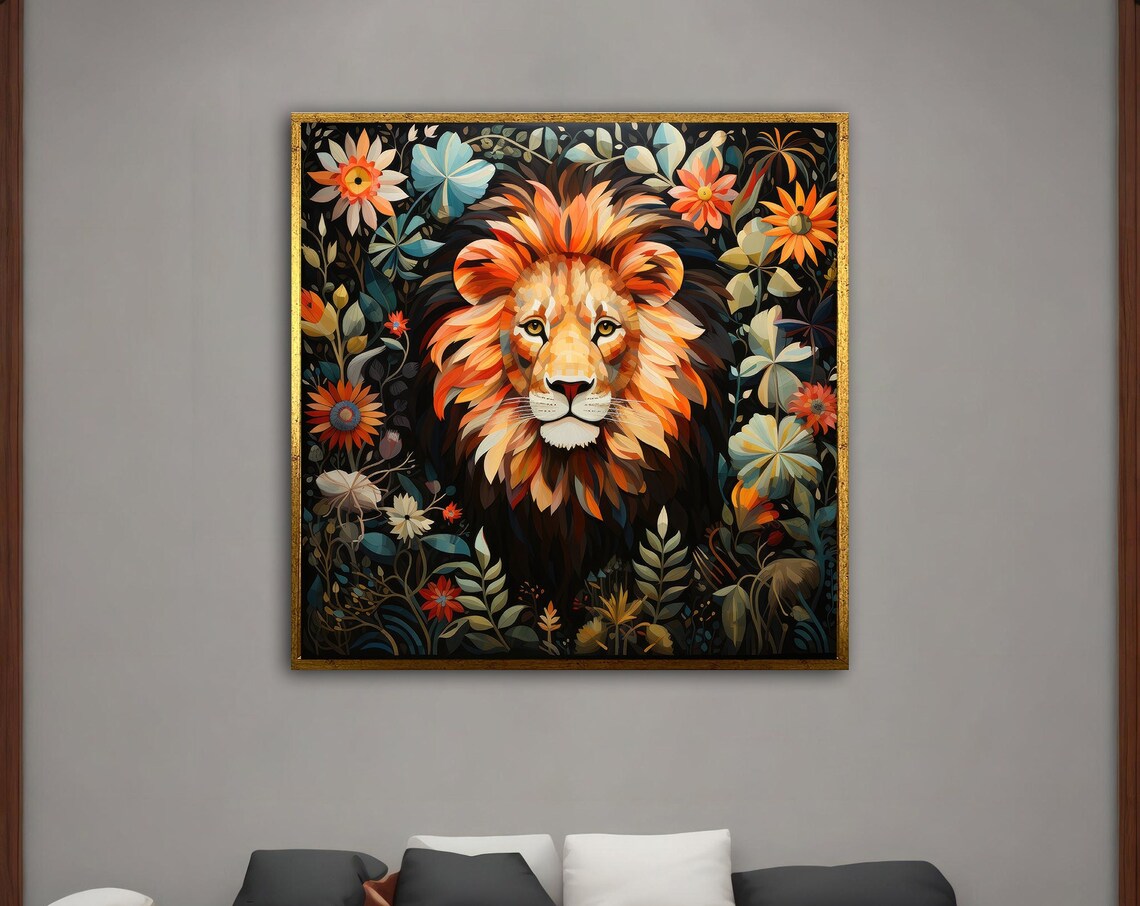 Lion in Floral Jungle Botanical Gold Frame Ornate Animal Art Poster