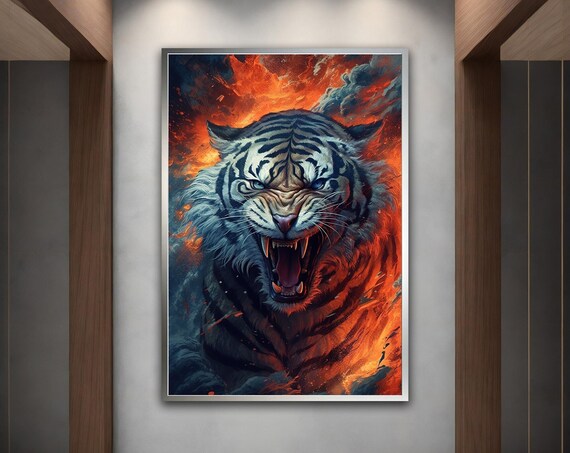 Roaring Tiger Fire Flames Dramatic Fantasy Animal Wall Art Poster
