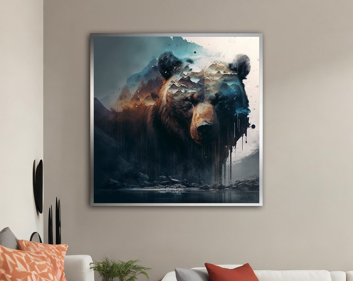 Bear Double Exposure Mountain Lake Moody Wilderness Art Poster