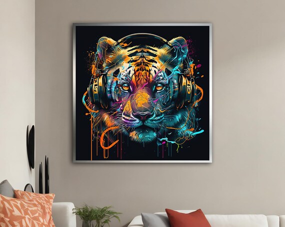 Tiger Wearing Headphones Neon Pop Art Colorful Music Wall Poster