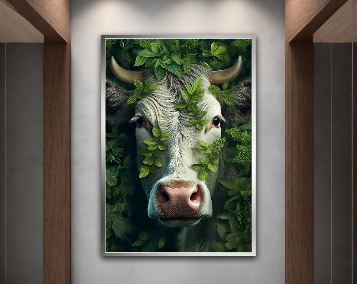 White Cow Face in Green Leaves Botanical Farm Animal Wall Art Print