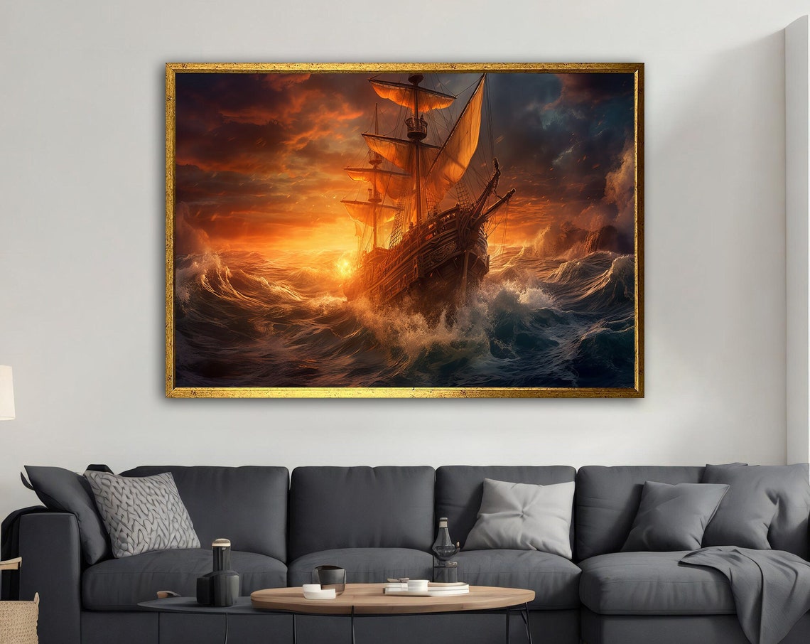 Tall Ship Stormy Ocean Waves Golden Sunset Epic Maritime Art Poster