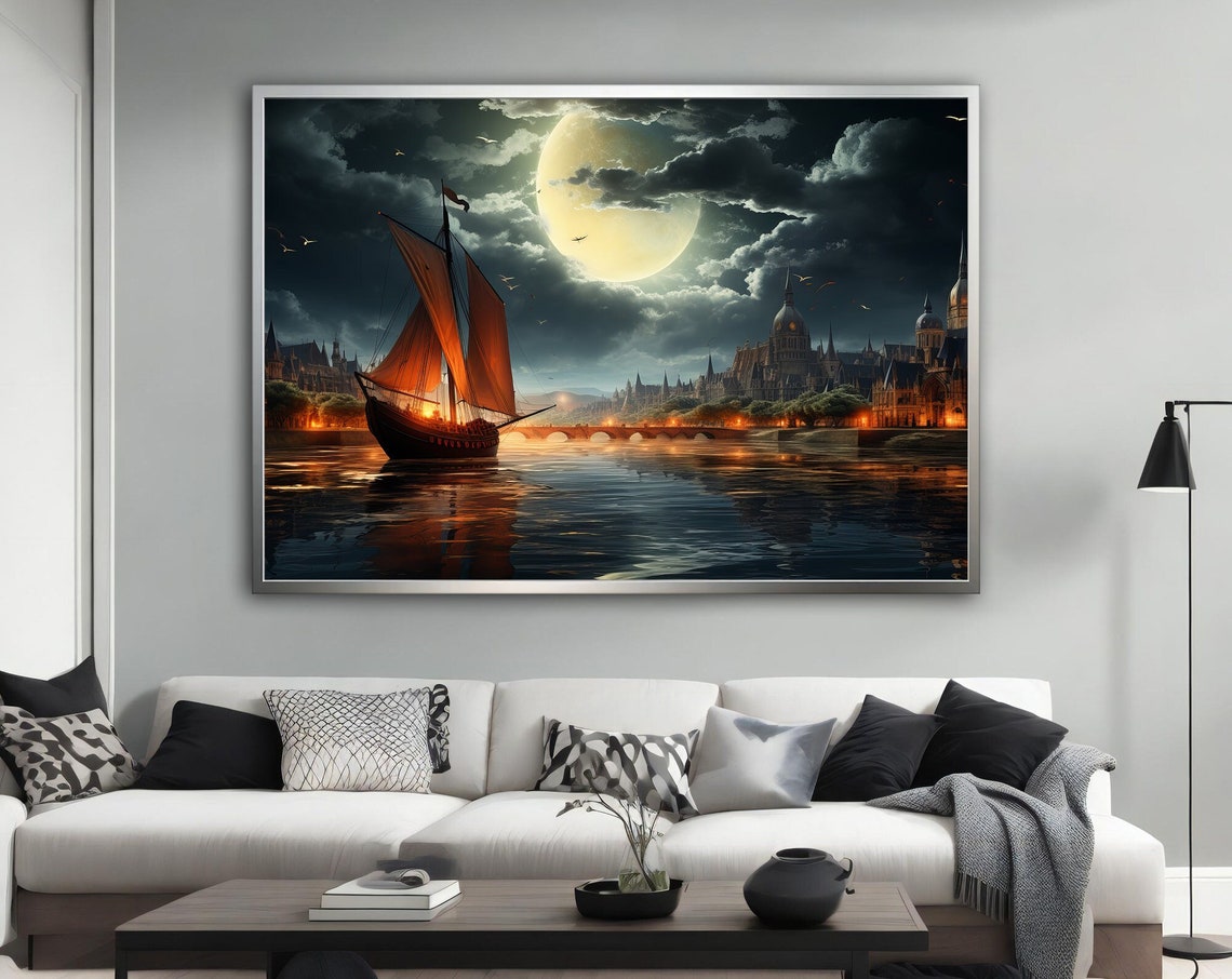 Sailing Ship Red Sails Full Moon Night Harbor Fantasy Nautical Poster