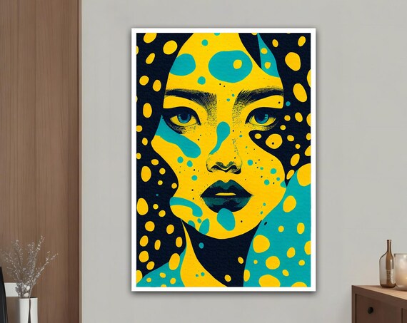 Yellow Teal Pop Art Woman Face Spotted Bold Graphic Modern Art Print