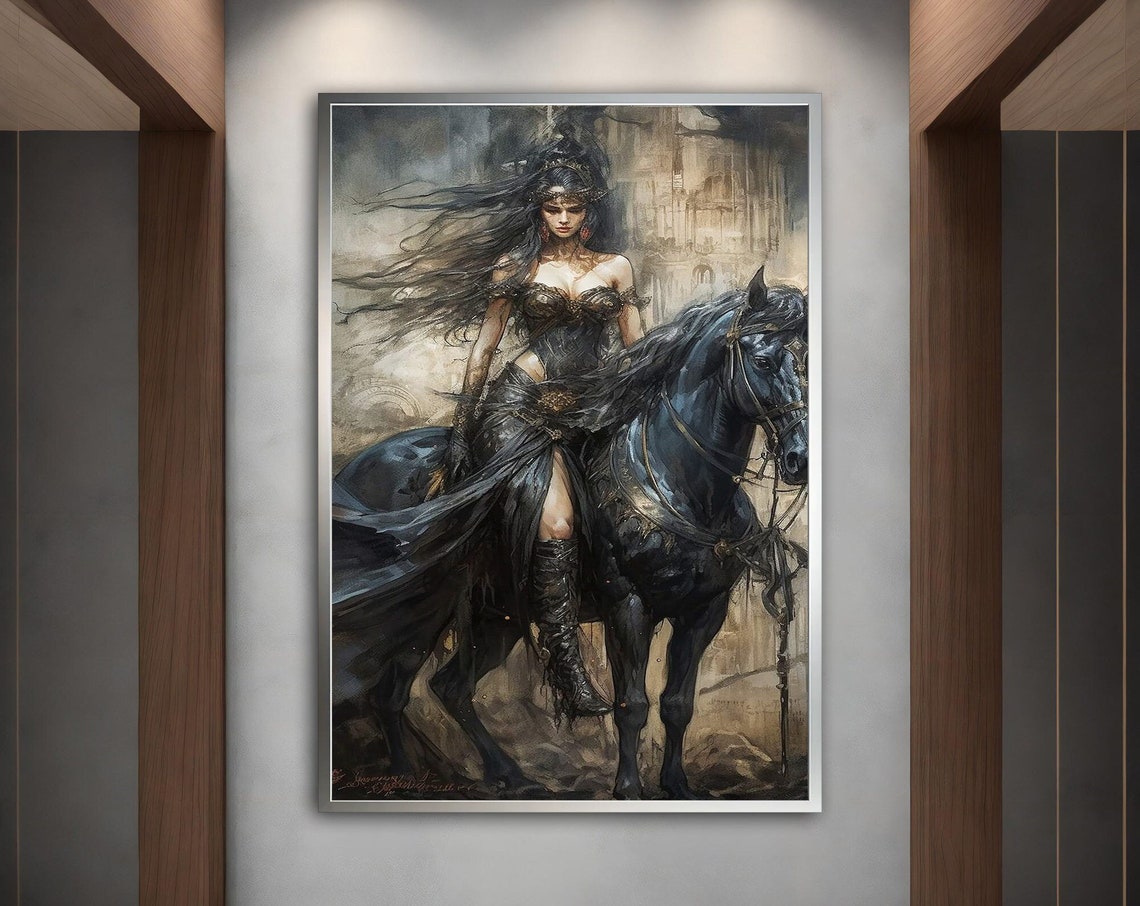 Dark Fantasy Woman Riding Black Horse Gothic Style Art Poster