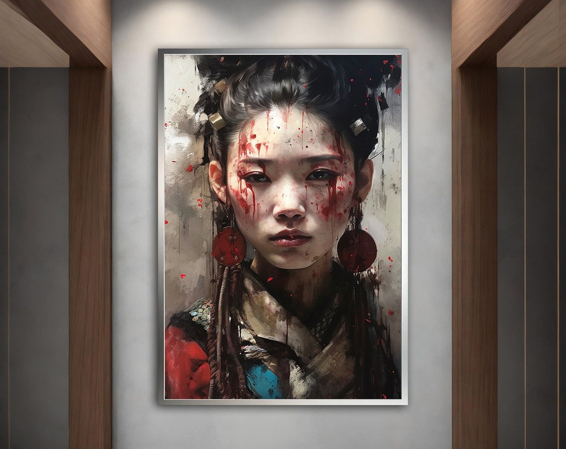 Woman Red Paint Drips Dramatic Dark Portrait Red Earrings Art Poster