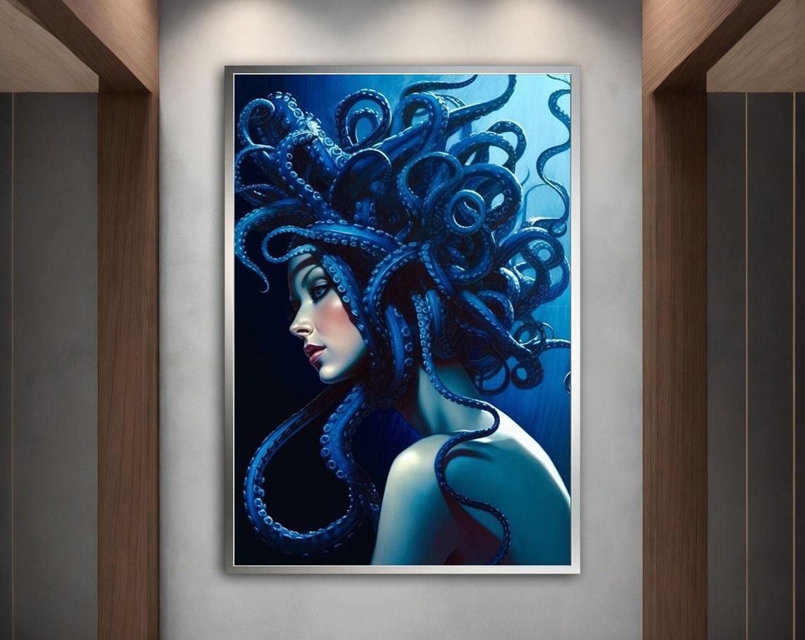 Blue Octopus Hair Woman Surreal Ocean Beauty Deep Blue Art Poster