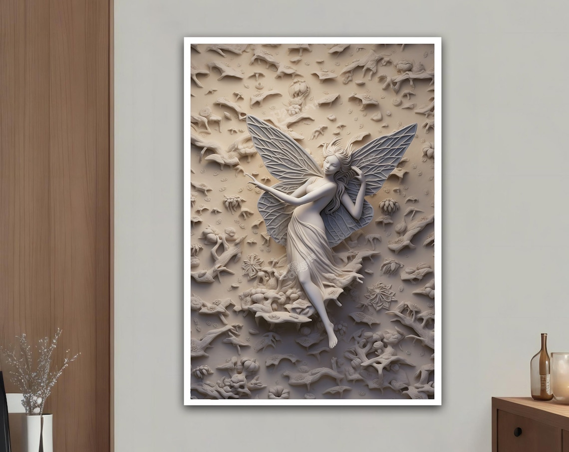 White Fairy Angel Woman Wings Relief Sculpture Graceful Art Poster