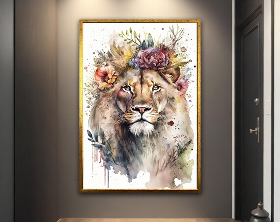 Lion Floral Crown Watercolor Portrait Elegant Animal Wall Art Print