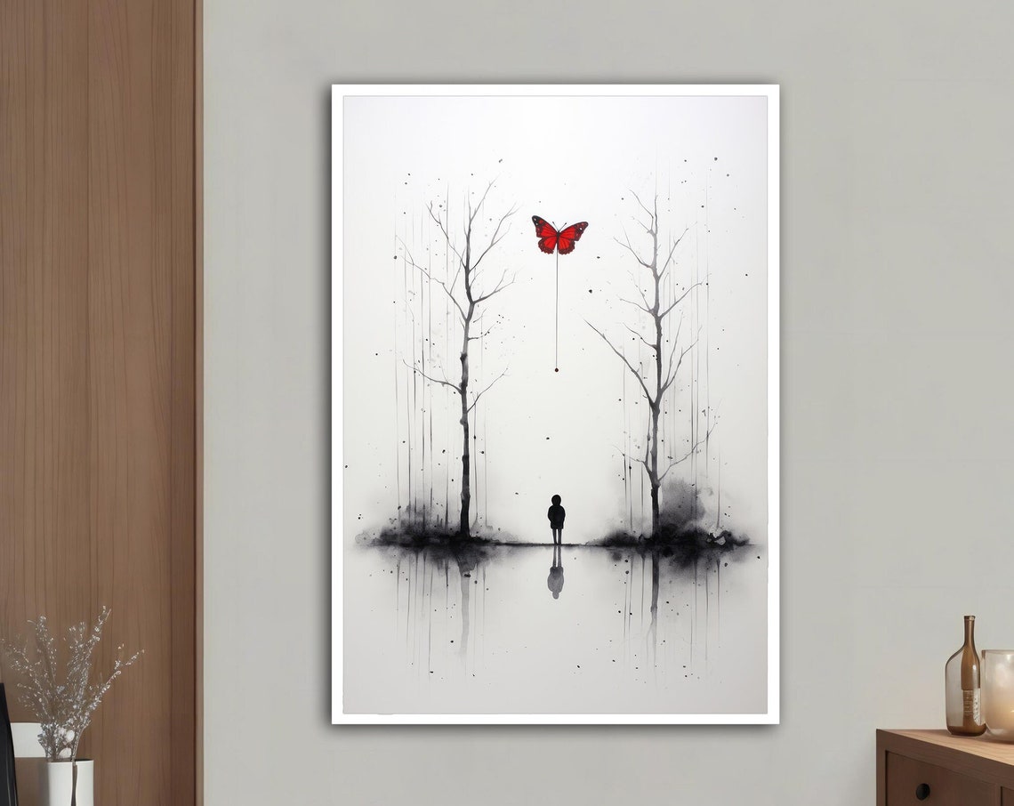Minimalist Ink Child Between Bare Trees With Red Butterfly Poster