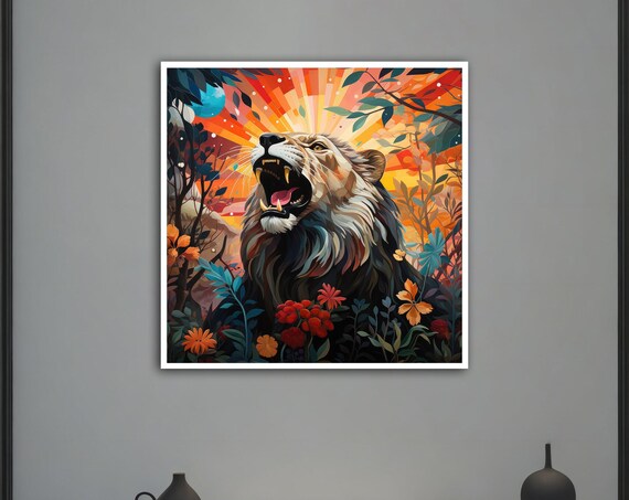Roaring Lion Pop Art Colorful Tropical Flowers Jungle Wall Poster