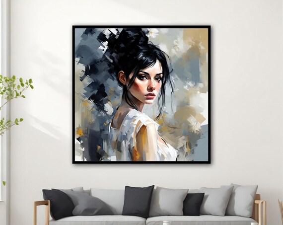 Modern Woman With Dark Hair Bun In Gray Black And Gold Poster