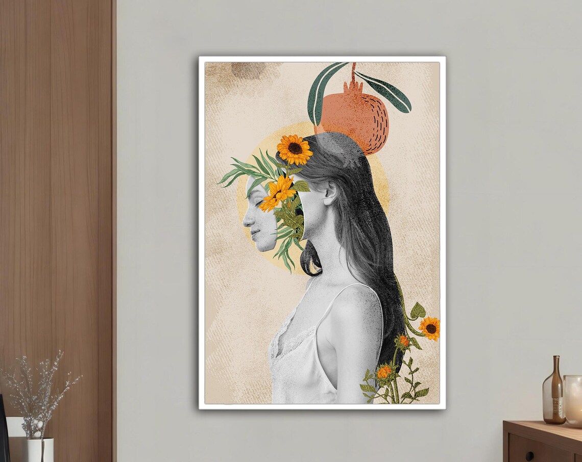 Woman Sunflower Face Floral Collage Pomegranate Botanical Art Poster