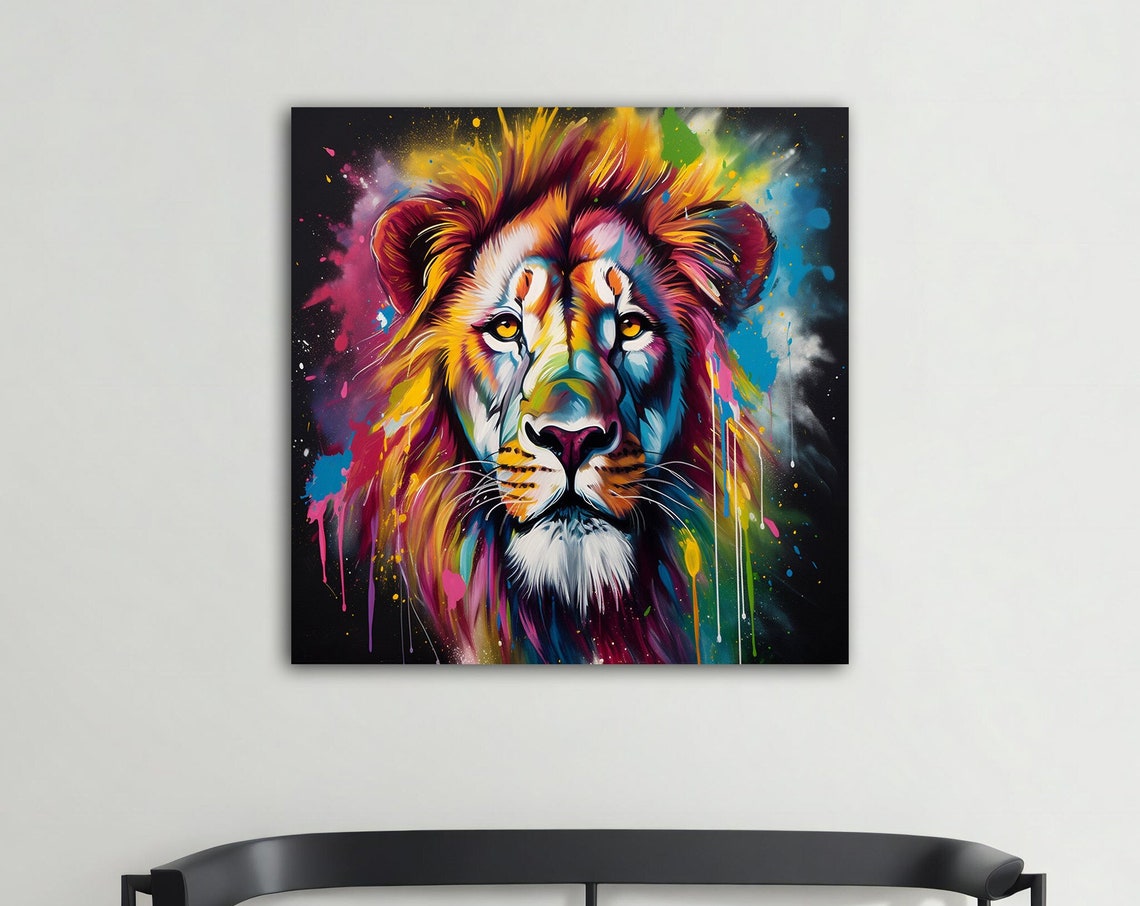 Colorful Graffiti Lion Head Black Background Rainbow Paint Poster