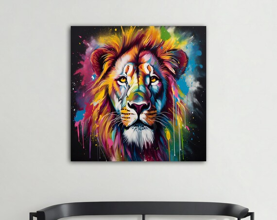 Colorful Graffiti Lion Head Black Background Rainbow Paint Poster