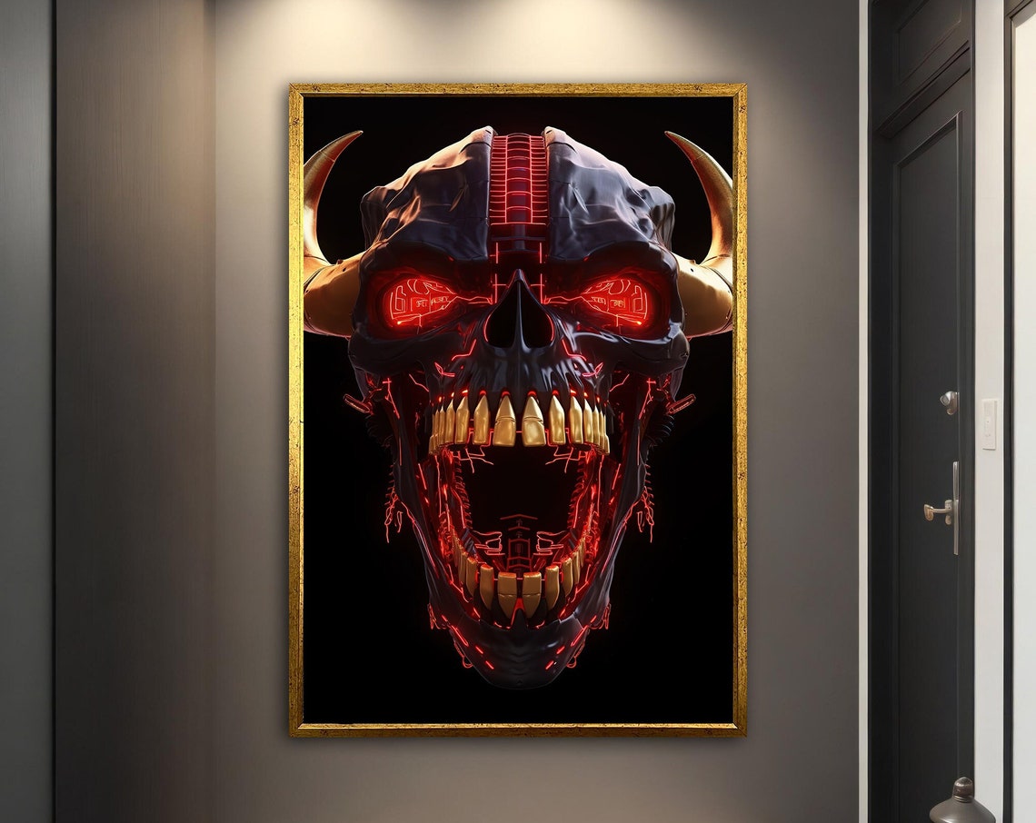 Demon Skull Red Glowing Eyes Horns Gold Teeth Dark Fantasy Art Poster