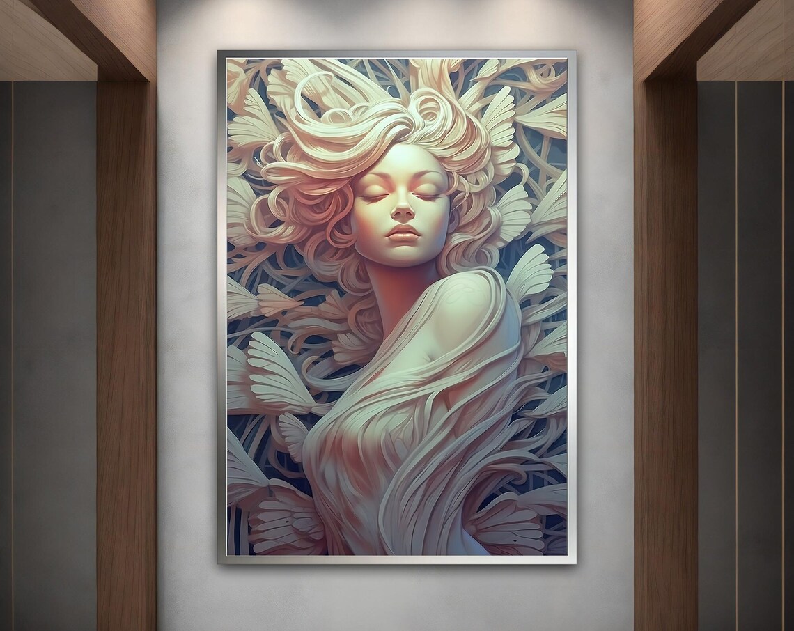 Ivory Shell Hair Sculpture Woman 3D Relief Serene Modern Art Poster