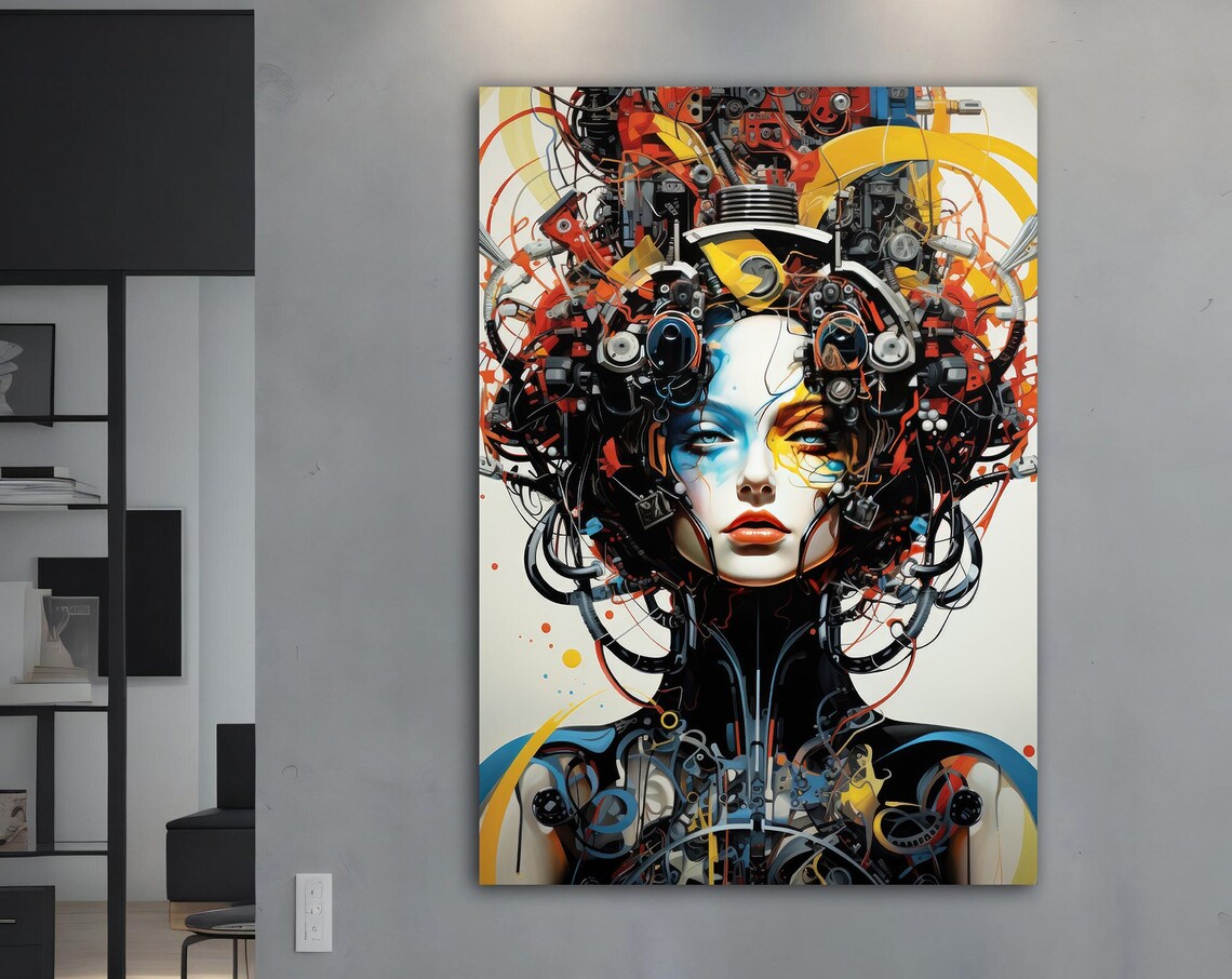 Cyberpunk Woman Mechanical Hair Colorful Circuit Futuristic Art Poster