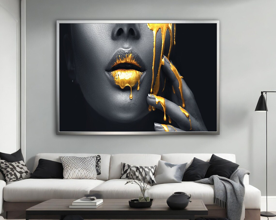 Gold Dripping Lips Black White Portrait Luxury Fashion Wall Art Poster