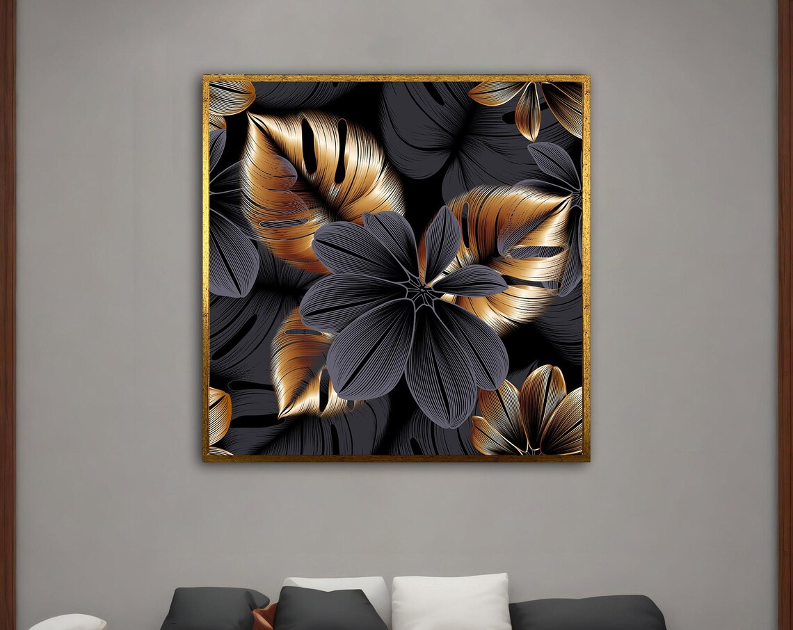 Black and Gold Tropical Leaves Monstera Luxury Botanical Art Poster