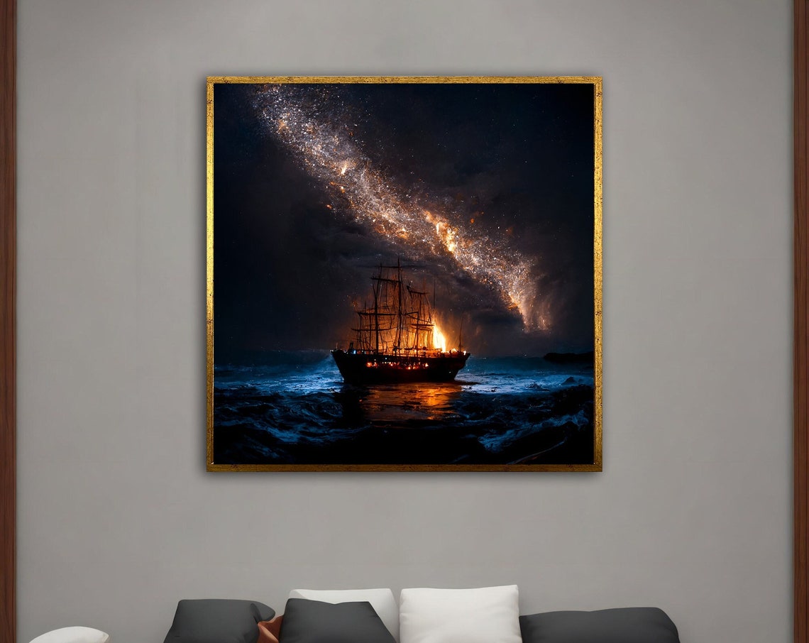 Tall Ship Under Milky Way Starry Night Ocean Dramatic Art Poster