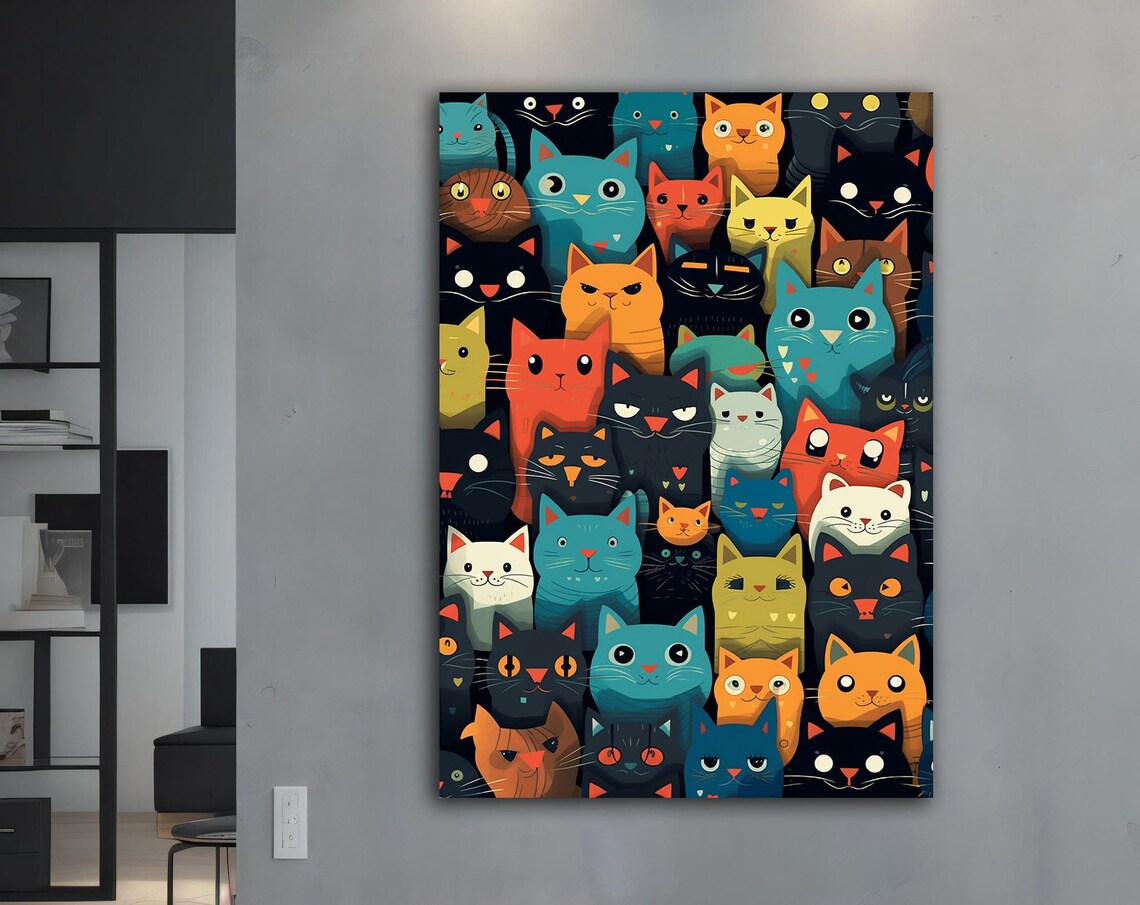Colorful Cartoon Cat Faces Pattern Fun Whimsical Feline Wall Art Poster
