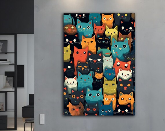Colorful Cartoon Cat Faces Pattern Fun Whimsical Feline Wall Art Poster