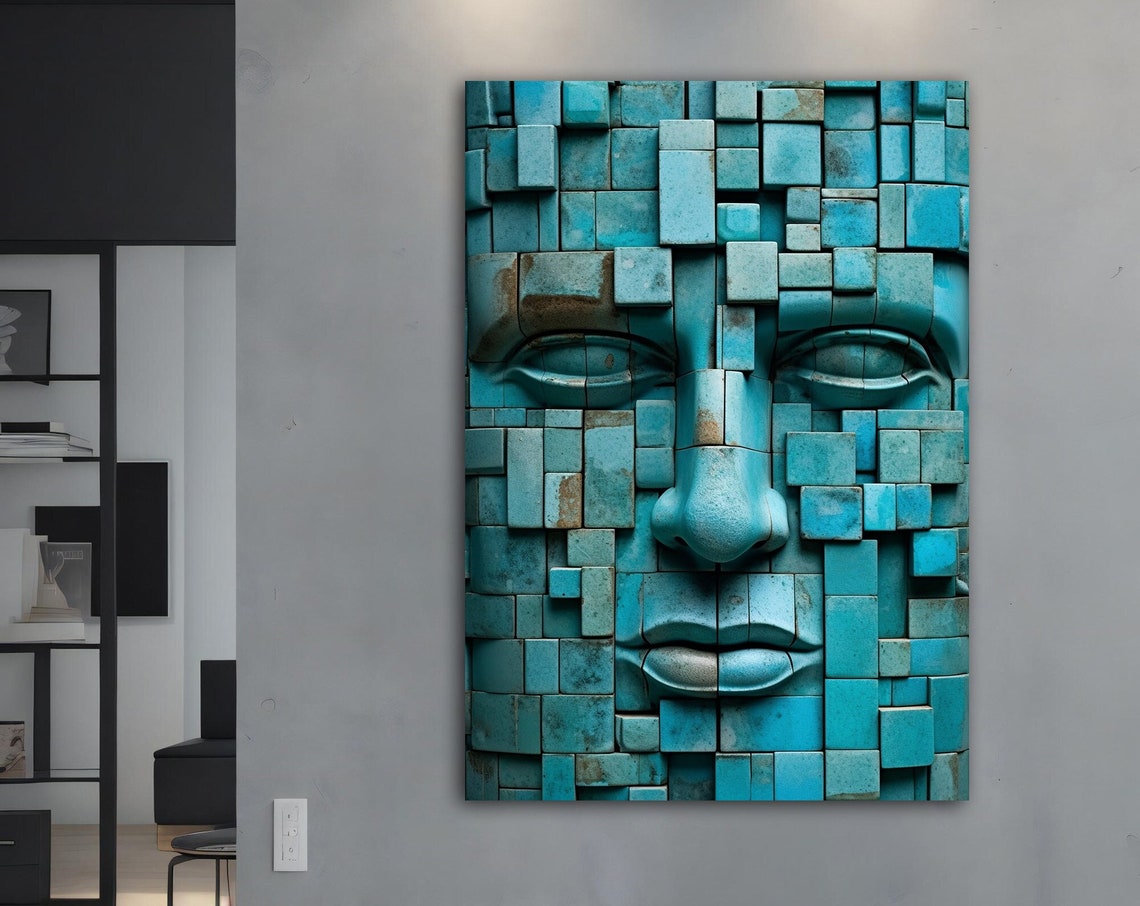Turquoise Mosaic Face Cube 3D Block Texture Modern Abstract Art Poster