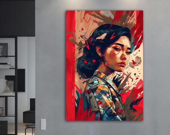 Woman Floral Kimono Red Brushstrokes Butterfly Asian Style Art Poster