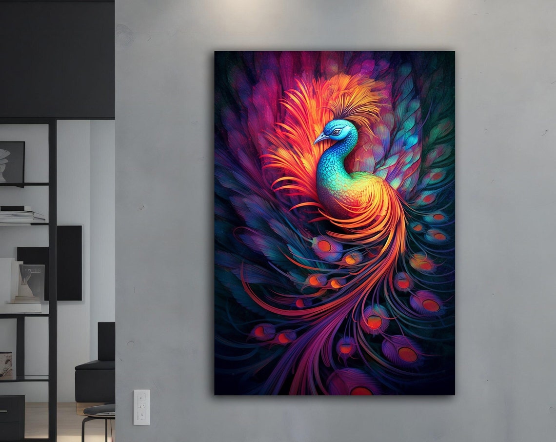 Neon Multicolor Peacock Dark Background Exotic Wall Art Poster