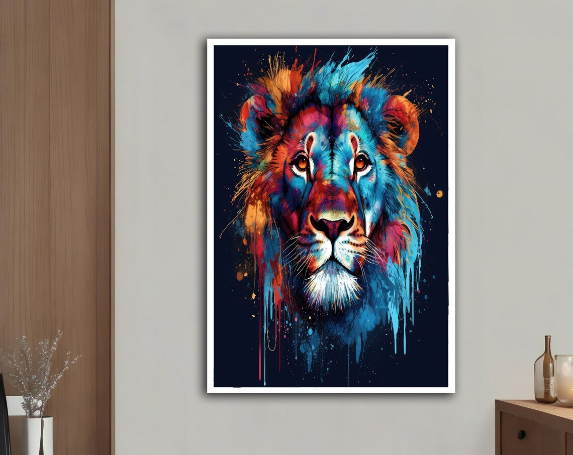 Abstract Splash Paint Lion Head Colorful Pop Art Wildlife Print
