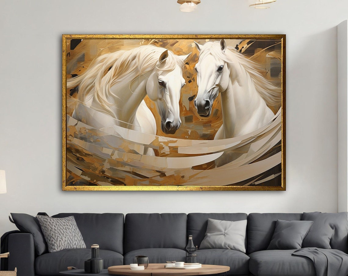 Two White Horses Facing Painting Golden Swirls Elegant Equine Poster