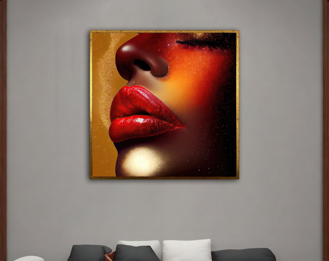 Glossy Red Lips Close Up On Sparkling Golden Background Poster