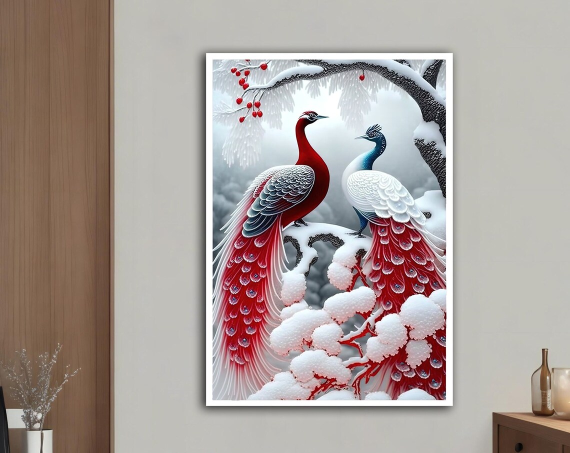 Red White Peacocks Snow Winter Branch Elegant Wall Art Poster - Image 5