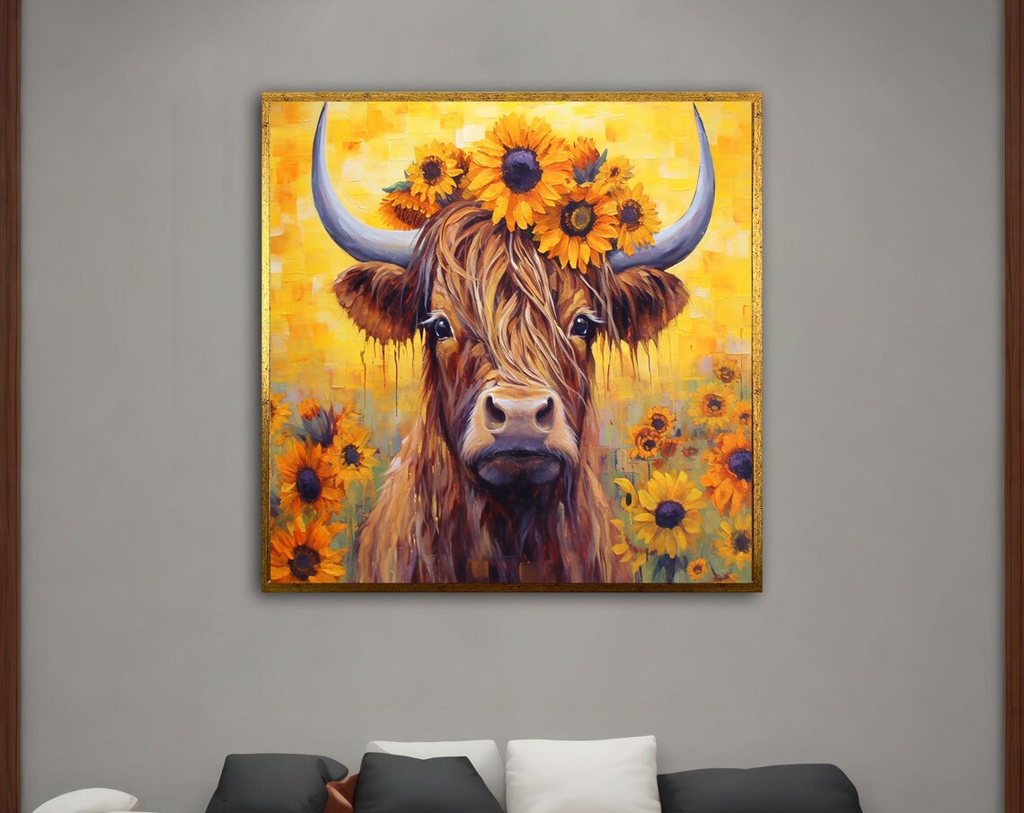 Highland Cow with Sunflower Crown Golden Yellow Floral Art Poster