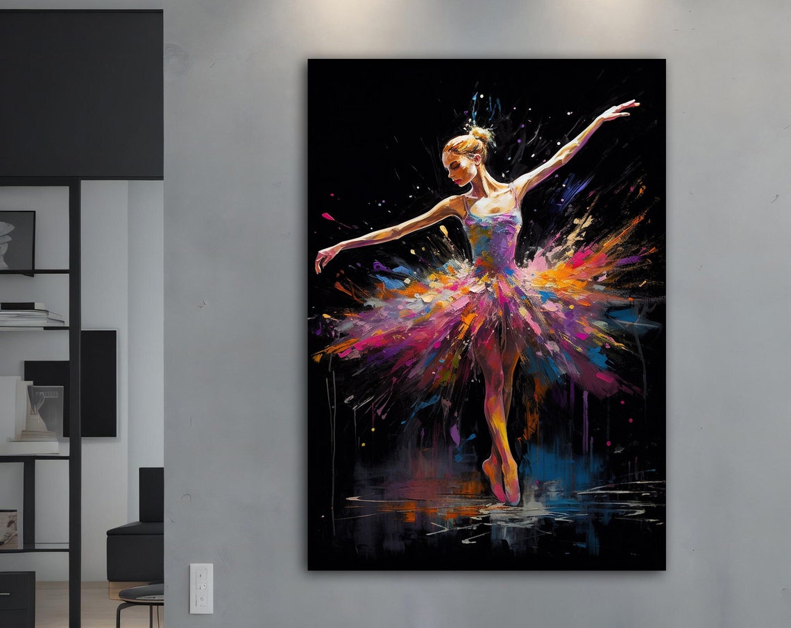 Colorful Ballerina Dancer Paint Splash Tutu Black Wall Art Poster