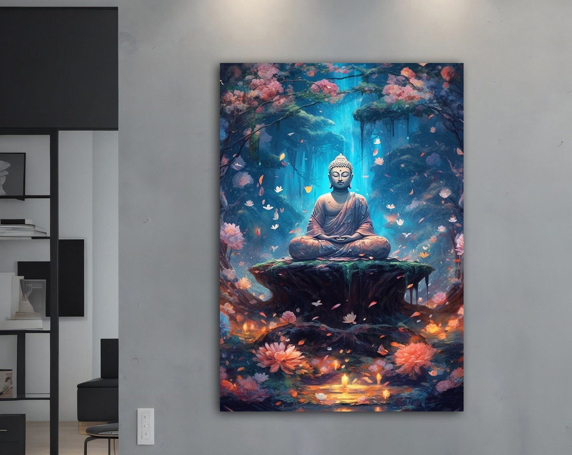Buddha Meditating in Glowing Jungle Waterfall Serene Art Print