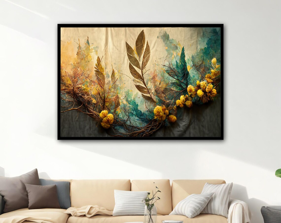 Yellow Wildflower Watercolor Botanical Gold Teal Nature Art Poster