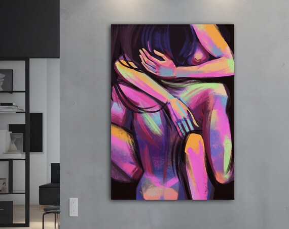 Neon Lit Lovers Embrace Colorful Abstract Romantic Art Print