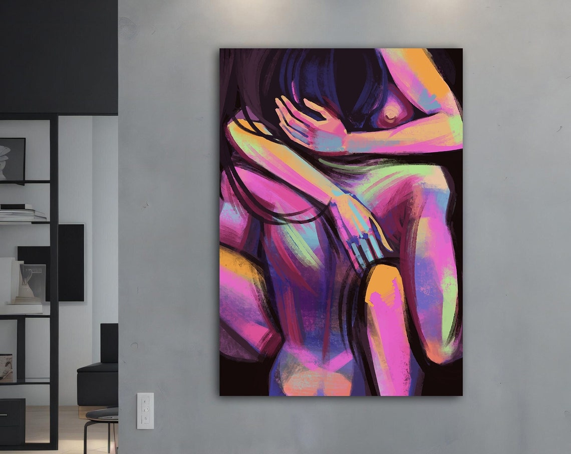 Neon Lit Lovers Embrace Colorful Abstract Romantic Art Print