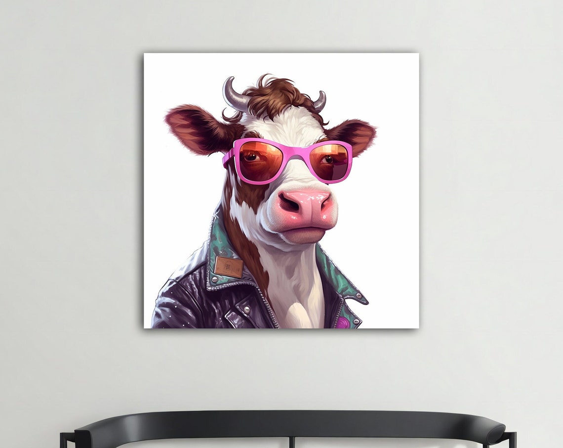 Funny Cow Wearing Pink Sunglasses Leather Jacket Animal Art Poster