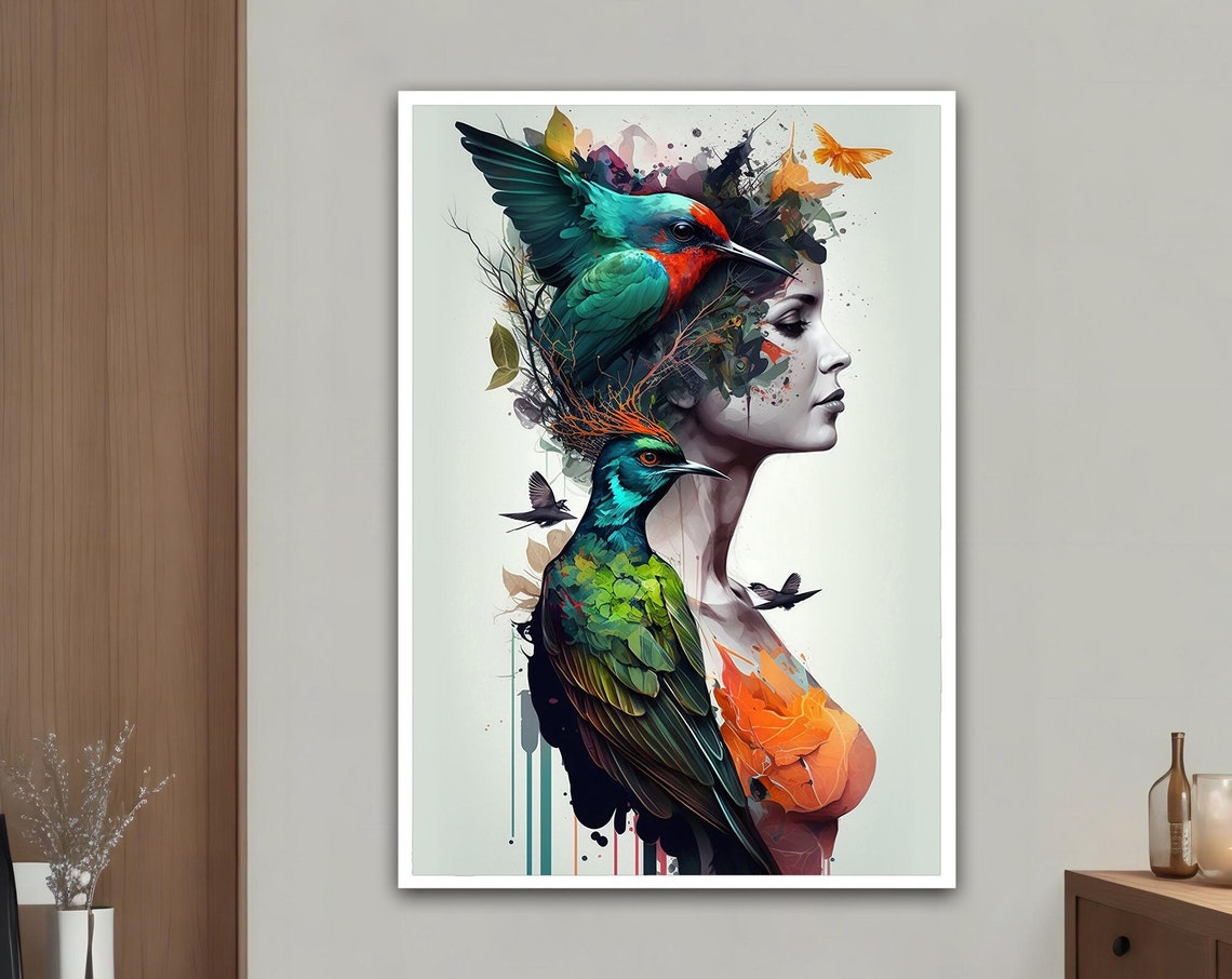 Woman With Bird Colorful Wall Art Colorful Modern Woman Print Colorful Abstract Woman Painting Feminine Woman Wall Decor