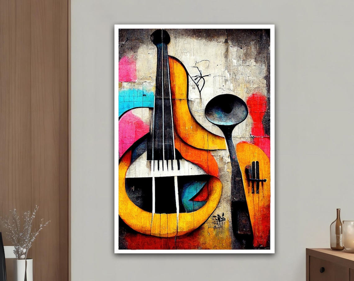 Abstract Cubist Violin Painting Bold Colorful Music Wall Art Print