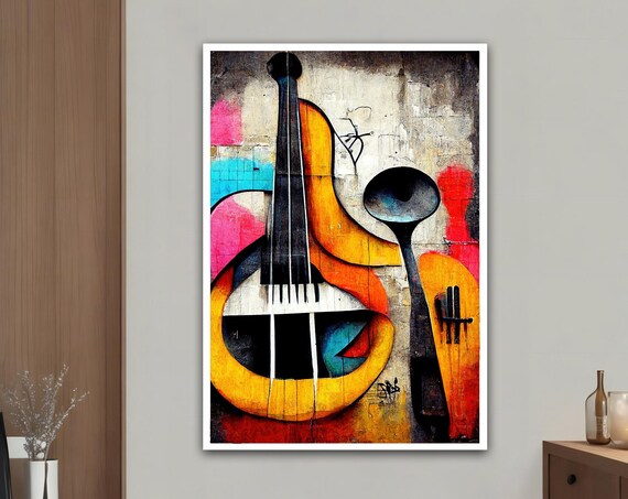 Abstract Cubist Violin Painting Bold Colorful Music Wall Art Print